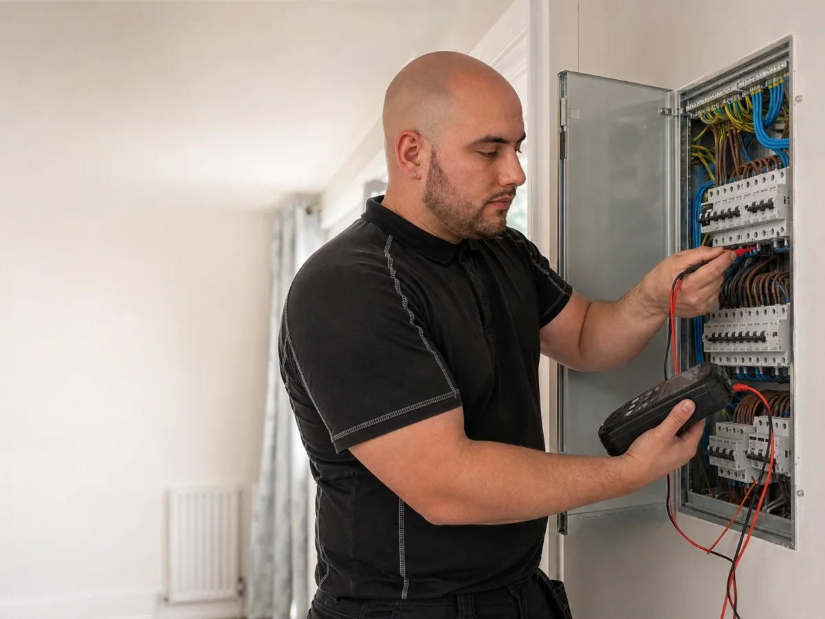 Jay carrying out an EICR with a multifunction tester at a consumer unit by JD Electricals